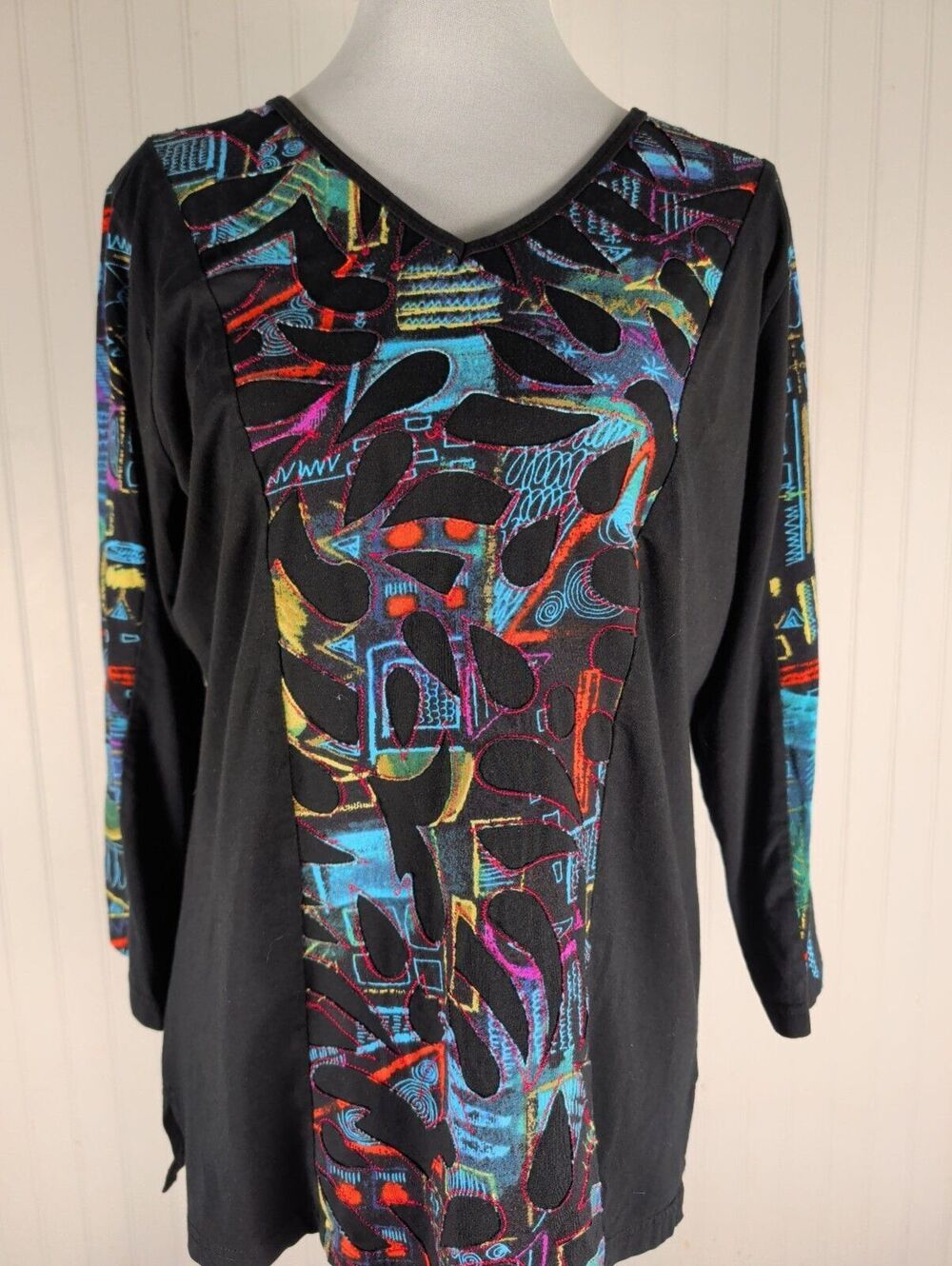 Parsley & Sage Laser Cut Out Multi Color Patchwork Wearable Art Tunic Top Medium